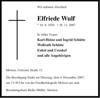 Traueranzeige von Elfriede Wulf von ALLGEMEINE ZEITUNG UELZEN