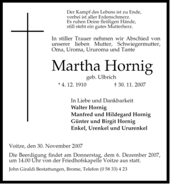 Traueranzeige von Martha Hornig von ALLGEMEINE ZEITUNG UELZEN