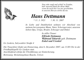 Traueranzeige von Hans Dettmann von ALLGEMEINE ZEITUNG UELZEN