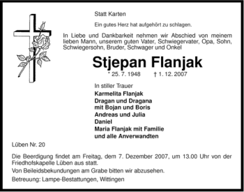 Traueranzeige von Stjepan Flanjak von ALLGEMEINE ZEITUNG UELZEN