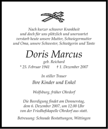 Traueranzeige von Doris Marcus von ALLGEMEINE ZEITUNG UELZEN