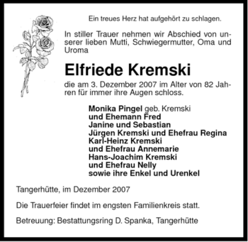 Traueranzeige von Elfriede Kremski von ALLGEMEINE ZEITUNG UELZEN