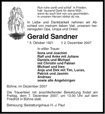 Traueranzeige von Gerald Sandner von ALLGEMEINE ZEITUNG UELZEN