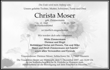 Traueranzeige von Christa Moser von ALLGEMEINE ZEITUNG UELZEN