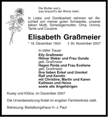 Traueranzeige von Elisabeth Graßmeier von ALLGEMEINE ZEITUNG UELZEN