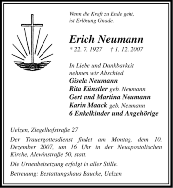 Traueranzeige von Erich Neumann von ALLGEMEINE ZEITUNG UELZEN