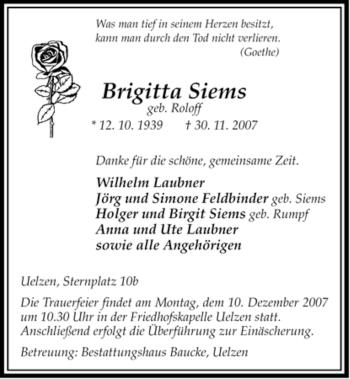 Traueranzeige von Brigitta Siems von ALLGEMEINE ZEITUNG UELZEN