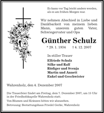 Traueranzeige von Günther Schulz von ALLGEMEINE ZEITUNG UELZEN