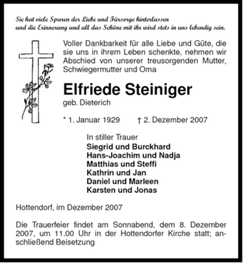 Traueranzeige von Elfriede Steiniger von ALLGEMEINE ZEITUNG UELZEN