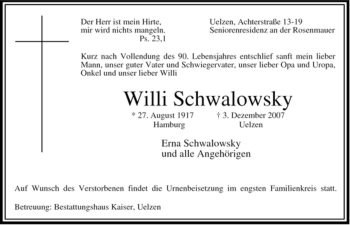 Traueranzeige von Willi Schwalowsky von ALLGEMEINE ZEITUNG UELZEN