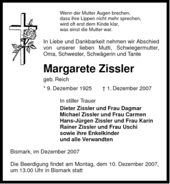 Traueranzeige von Margarete Zissler von ALLGEMEINE ZEITUNG UELZEN