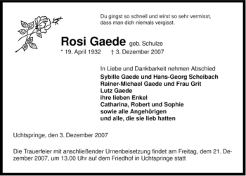 Traueranzeige von Rosi Gaede von ALLGEMEINE ZEITUNG UELZEN