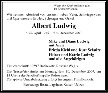 Traueranzeige von Albert Ludwig von ALLGEMEINE ZEITUNG UELZEN