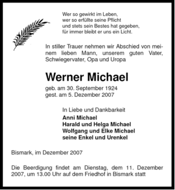 Traueranzeige von Werner Michael von ALLGEMEINE ZEITUNG UELZEN