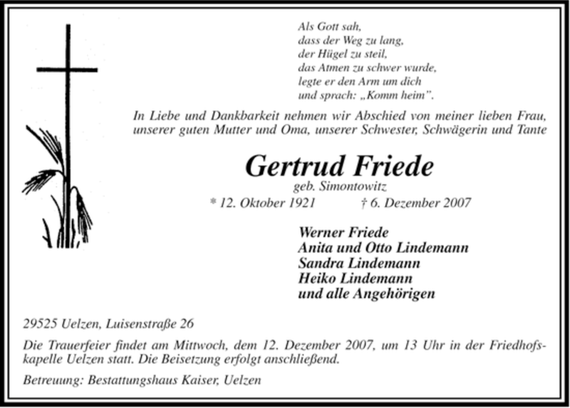  Traueranzeige für Gertrud Friede vom 08.12.2007 aus ALLGEMEINE ZEITUNG UELZEN