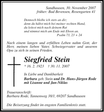 Traueranzeige von Siegfried Stein von ALLGEMEINE ZEITUNG UELZEN