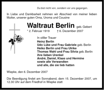 Traueranzeige von Waltraut Berlin von ALLGEMEINE ZEITUNG UELZEN