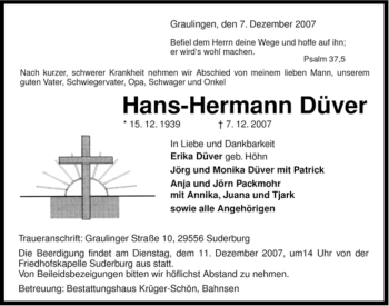 Traueranzeige von Hans-Hermann Düver von ALLGEMEINE ZEITUNG UELZEN