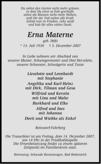 Traueranzeige von Erna Materne von ALLGEMEINE ZEITUNG UELZEN