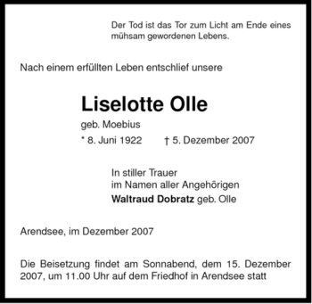 Traueranzeige von Liselotte Olle von ALLGEMEINE ZEITUNG UELZEN