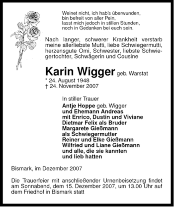 Traueranzeige von Karin Wigger von ALLGEMEINE ZEITUNG UELZEN