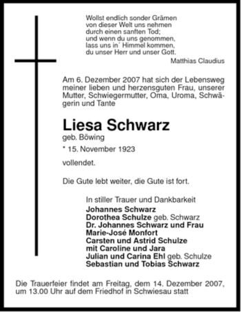 Traueranzeige von Liesa Schwarz von ALLGEMEINE ZEITUNG UELZEN