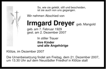 Traueranzeige von Irmgard Dreyer von ALLGEMEINE ZEITUNG UELZEN