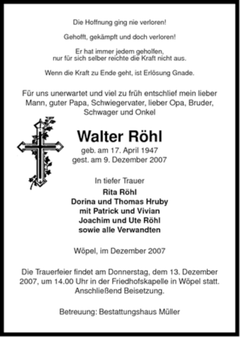 Traueranzeige von Walter Röhl von ALLGEMEINE ZEITUNG UELZEN