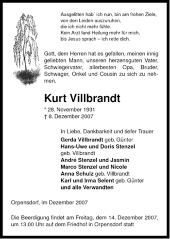 Traueranzeige von Kurt Villbrandt von ALLGEMEINE ZEITUNG UELZEN