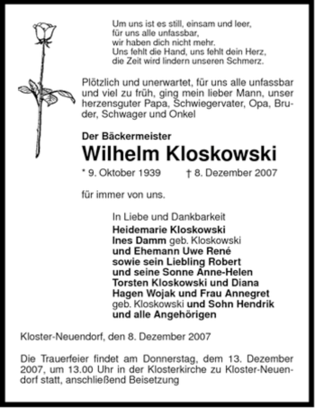 Traueranzeige von Wilhelm Kloskowski von ALLGEMEINE ZEITUNG UELZEN