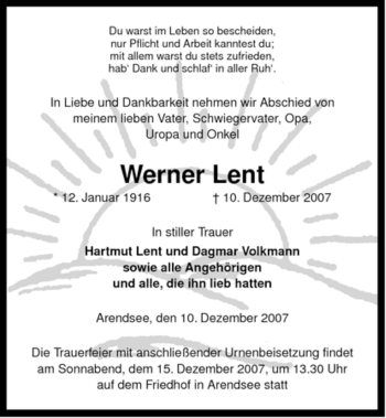 Traueranzeige von Werner Lent von ALLGEMEINE ZEITUNG UELZEN