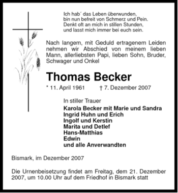 Traueranzeige von Thomas Becker von ALLGEMEINE ZEITUNG UELZEN