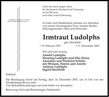 Traueranzeige von Irmtraut Ludolphs von ALLGEMEINE ZEITUNG UELZEN