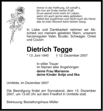 Traueranzeige von Dietrich Tegge von ALLGEMEINE ZEITUNG UELZEN