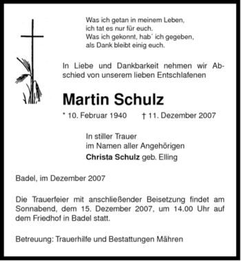 Traueranzeige von Martin Schulz von ALLGEMEINE ZEITUNG UELZEN