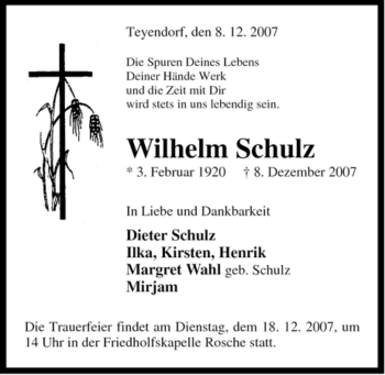 Traueranzeige von Wilhelm Schulz von ALLGEMEINE ZEITUNG UELZEN