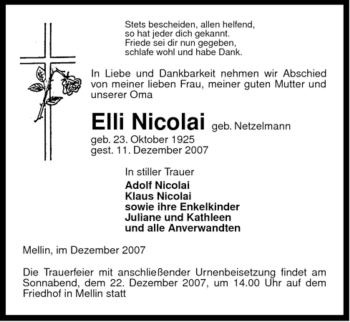 Traueranzeige von Elli Nicolai von ALLGEMEINE ZEITUNG UELZEN