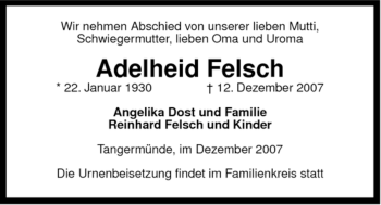 Traueranzeige von Adelheid Felsch von ALLGEMEINE ZEITUNG UELZEN