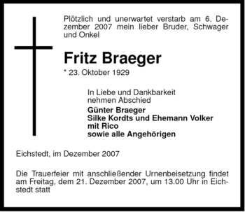 Traueranzeige von Fritz Braeger von ALLGEMEINE ZEITUNG UELZEN