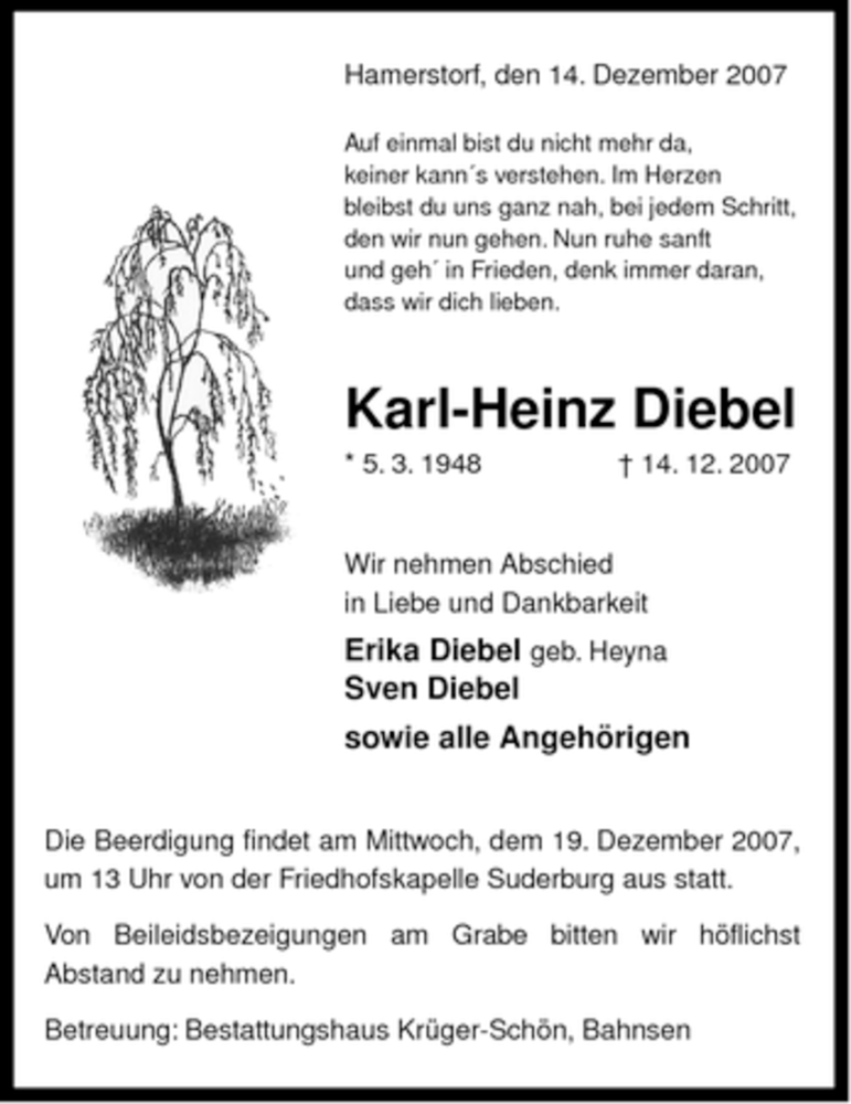  Traueranzeige für Karl-Heinz Diebel vom 15.12.2007 aus ALLGEMEINE ZEITUNG UELZEN