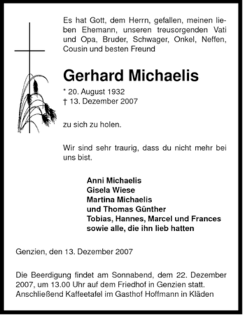 Traueranzeige von Gerhard Michaelis von ALLGEMEINE ZEITUNG UELZEN