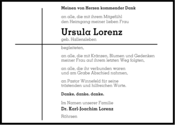 Traueranzeige von Ursula Lorenz von ALLGEMEINE ZEITUNG UELZEN