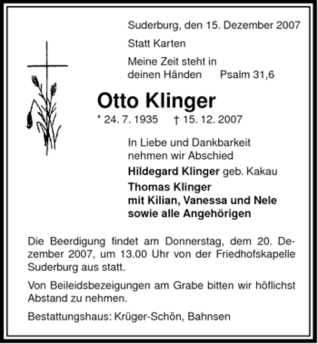 Traueranzeige von Otto Klinger von ALLGEMEINE ZEITUNG UELZEN