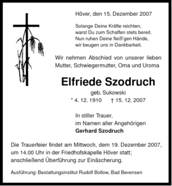 Traueranzeige von Elfriede Szodruch von ALLGEMEINE ZEITUNG UELZEN