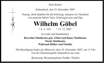 Traueranzeige von Wilhelm Göbel von ALLGEMEINE ZEITUNG UELZEN