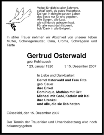 Traueranzeige von Gertrud Osterwald von ALLGEMEINE ZEITUNG UELZEN