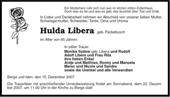 Traueranzeige von Hulda Libera von ALLGEMEINE ZEITUNG UELZEN