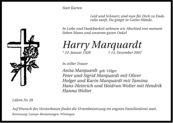 Traueranzeige von Harry Marquardt von ALLGEMEINE ZEITUNG UELZEN