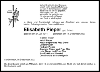 Traueranzeige von Elisabeth Pieper von ALLGEMEINE ZEITUNG UELZEN