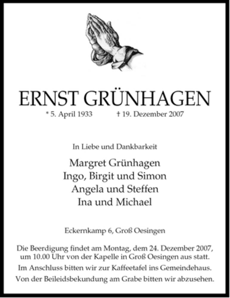  Traueranzeige für Ernst Grünhagen vom 21.12.2007 aus ALLGEMEINE ZEITUNG UELZEN